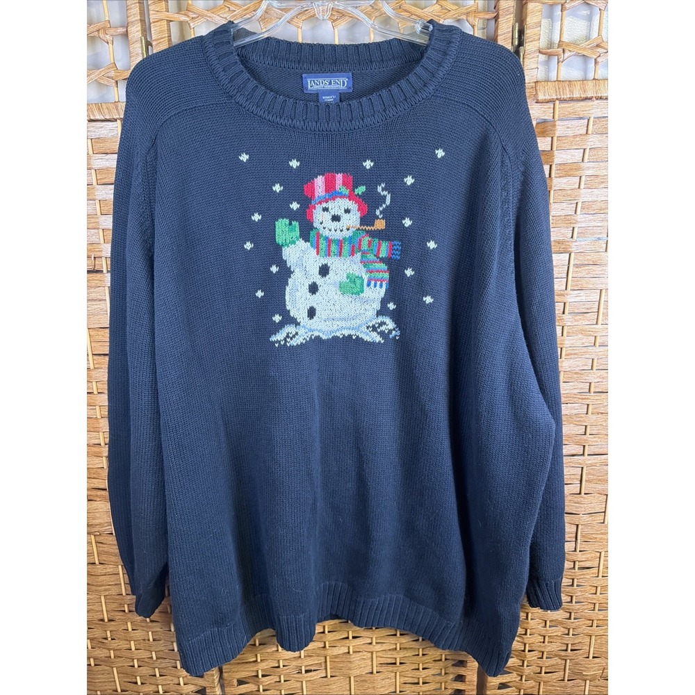 Lands End VTG Snowman Sweater SZ 3X Crew Neck Black Cotton Winter Christmas